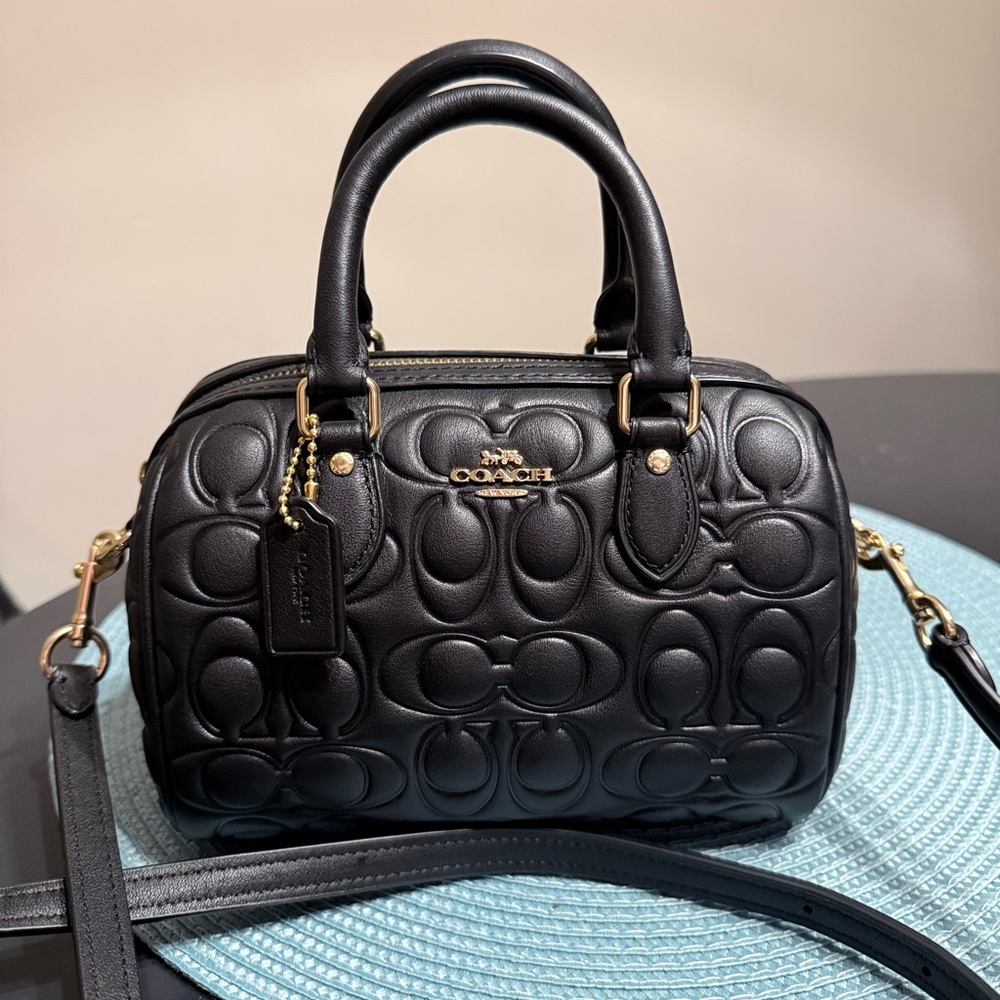 Coach Mini Rowan Crossbody Satchel Handbag Black Leather Embossed